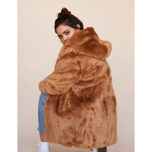 LPA Camel Brown Faux Fur Hooded Coat 84 - Picture 3 of 13